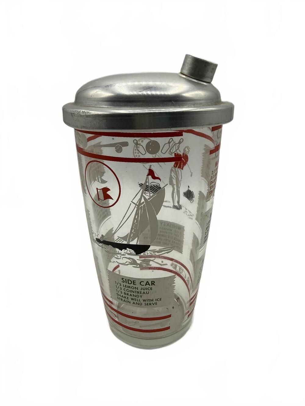Vintage Cocktail Shaker with Drink Recipes Glass and Metal Lid